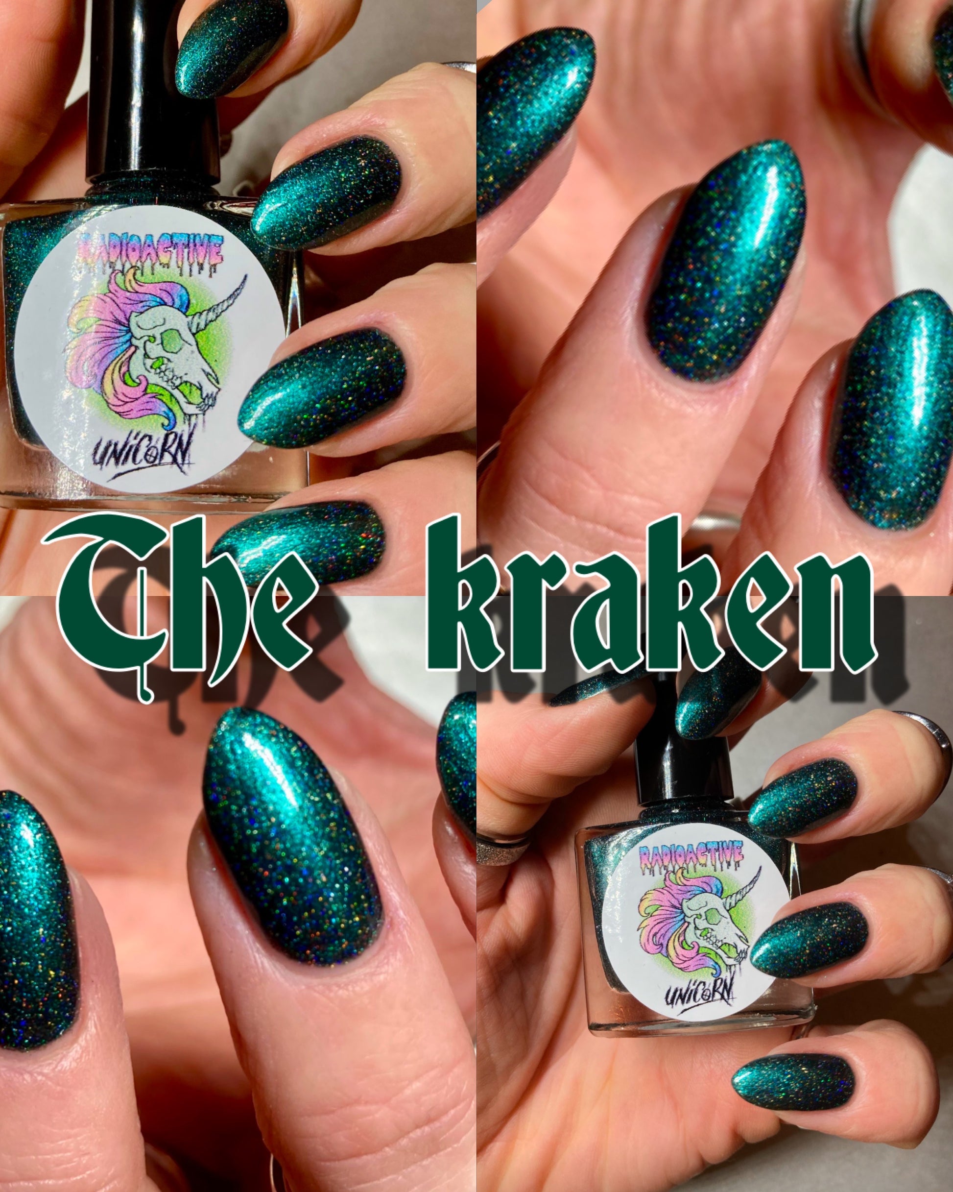 Radioactive Unicorn The Kraken nail polish deep emerald green with glitter flakes vegan cruelty-free nail lacquer