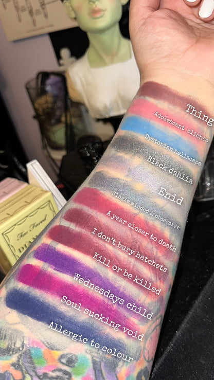 Radioactive Unicorn Wednesday’s Child Is Full of Woe eyeshadow palette arm swatches colourful gothic shades
