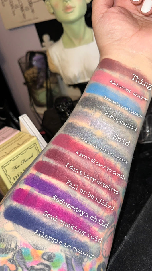 Radioactive Unicorn Wednesday’s Child Is Full of Woe eyeshadow palette arm swatches colourful gothic shades