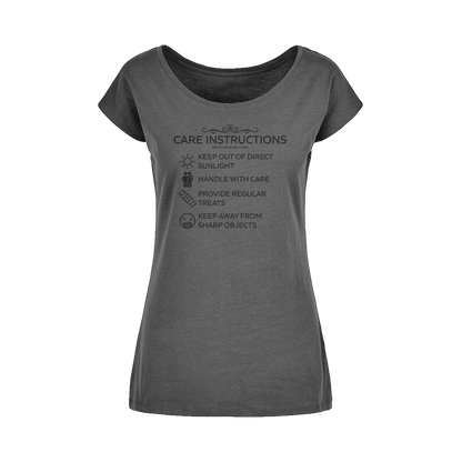 Care Instructions black print on women's relaxed tee by Kate