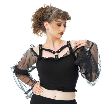 Model wearing Poizen Industries Shadowfang Top Black, showcasing its gothic design and fitted style.