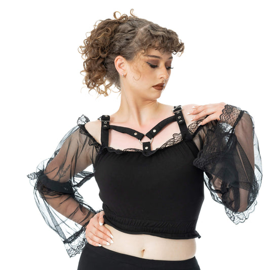 Model wearing Poizen Industries Shadowfang Top Black, showcasing its gothic design and fitted style.