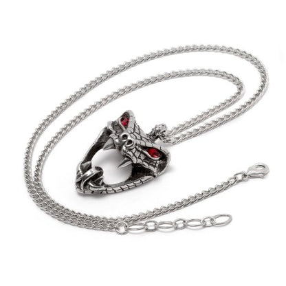 Snake Necklace with red crystal accents in gothic pewter design, showcasing an intricate serpent pendant.