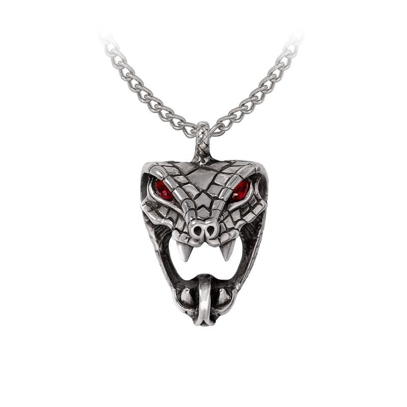 Snake Necklace with red crystal eyes in gothic pewter design, capturing forbidden desire and ancient myth.