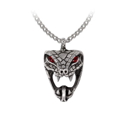 Snake Necklace with red crystal eyes in gothic pewter design, capturing forbidden desire and ancient myth.