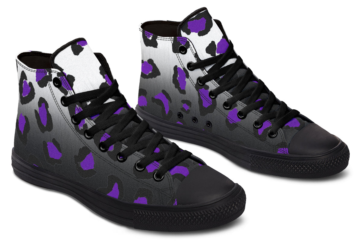 Black high-top sneakers with purple heart pattern on a white background