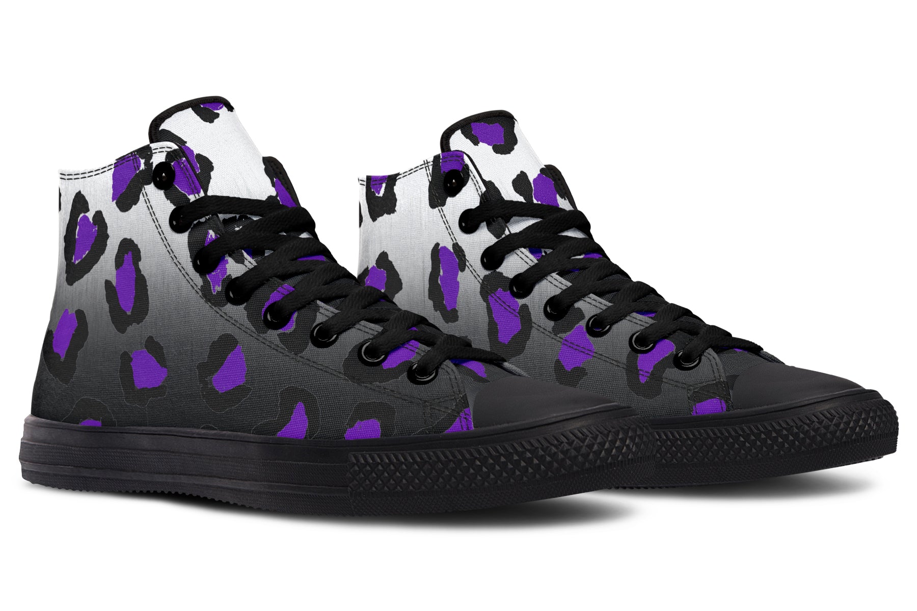 Black high-top sneakers with purple and white pattern on a white background
