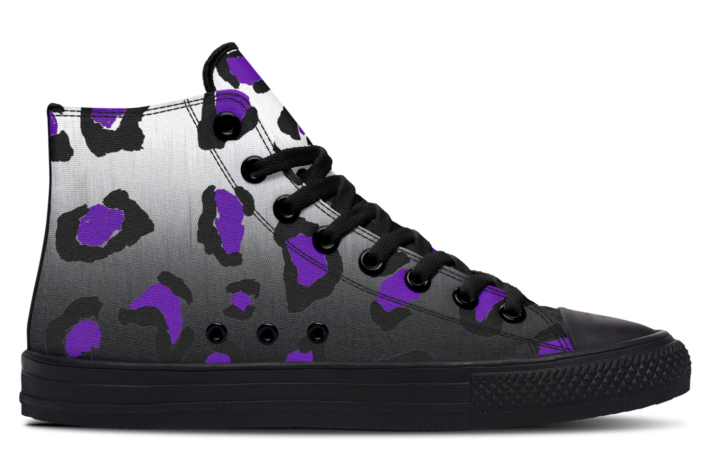 High-top sneaker with purple and black leopard print on a white background