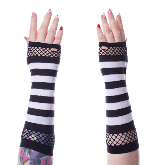 Poizen Industries Unisex Striped Mesh Gloves - Black and White - Kate's Clothing