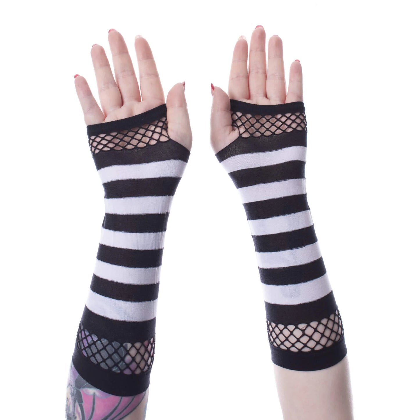 Poizen Industries Unisex Striped Mesh Gloves - Black and White - Kate's Clothing