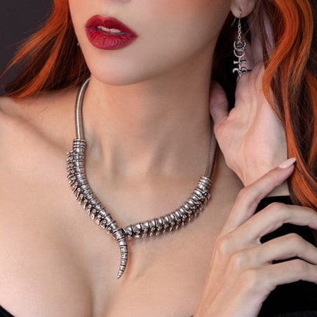 Spine Necklace Gothic Pewter Statement Collar by Alchemy worn by model with red lips and bright hair.