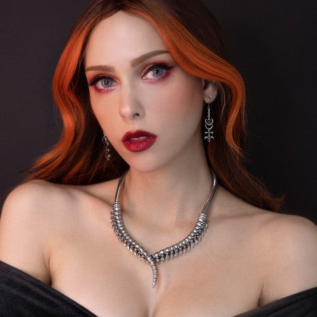 Spine Necklace Gothic Pewter Statement Collar Alchemy worn by model with striking makeup and long red hair.