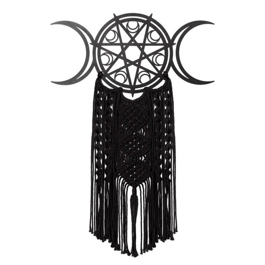 Triple Moon Wall Hanging in macrame with heptagram and fringe, perfect for celestial decor and spiritual themes.