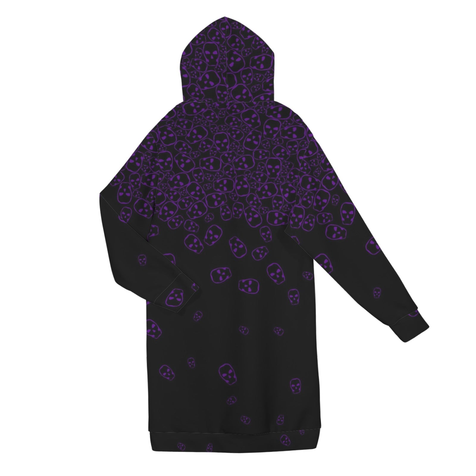 Tumbling Skulls extra-length hoodie in black and purple with gothic skull print by Kate’s Clothing