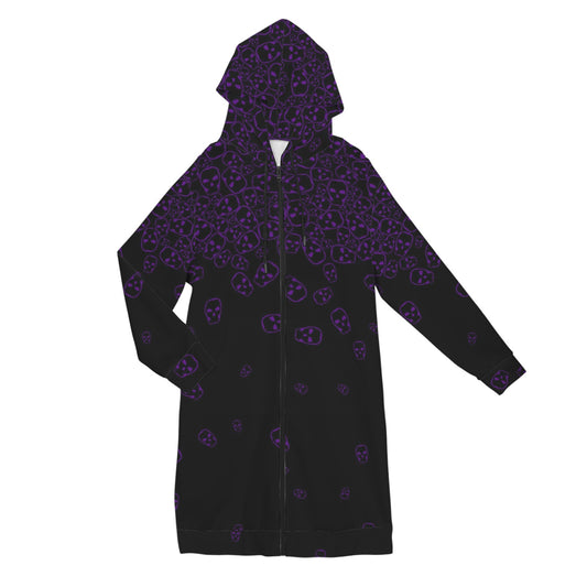Tumbling Skulls extra-length hoodie in black and purple with gothic skull print by Kate’s Clothing