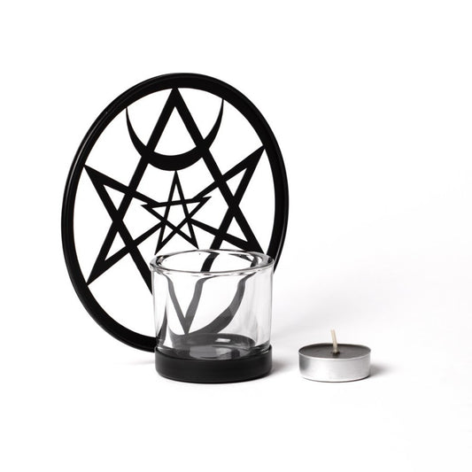 Alchemy Gothic Unicursal Hex Tealight Holder - Black Iron & Glass Candle Stand