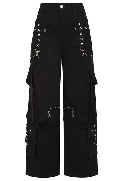 Dropzone Black wide-leg cargo pants with silver-tone metal grommets, rings, and zipper details