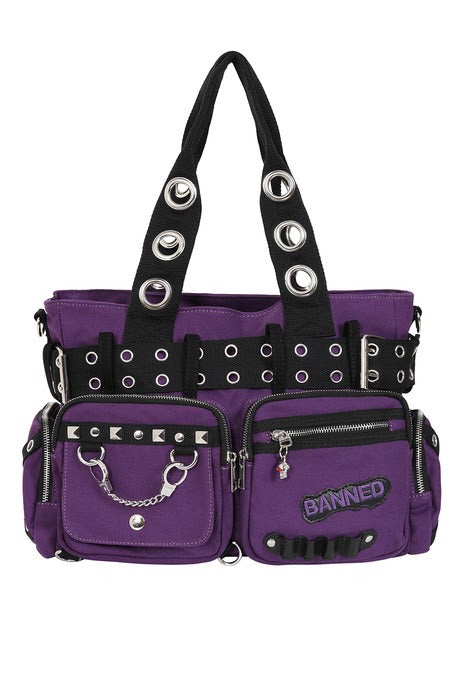 Banned Apparel Sweet Revenge Handbag front view showing purple canvas and eyelet webbing
