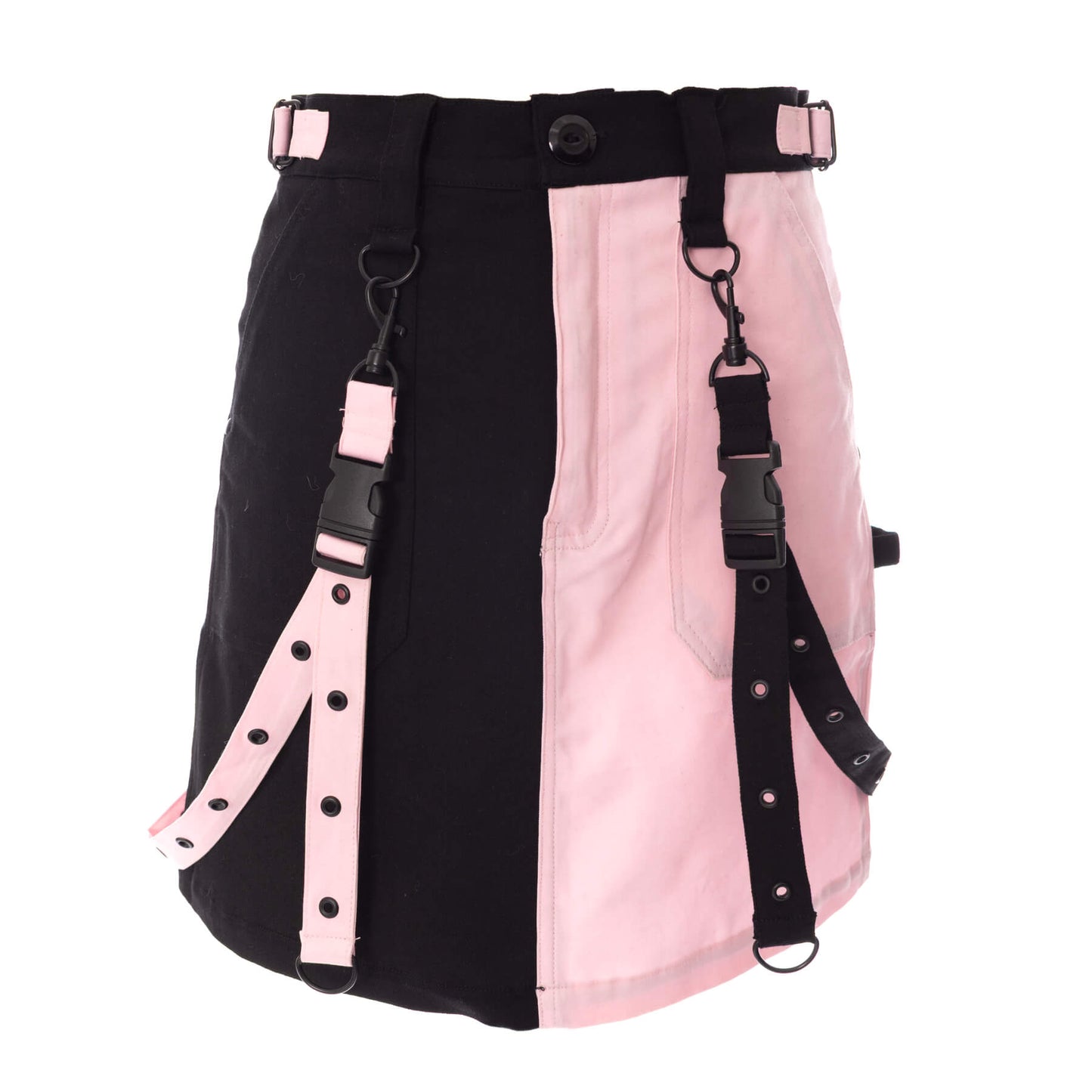 Gothic mini skirt with black and pink color block design and industrial strap details by Chemical Black.