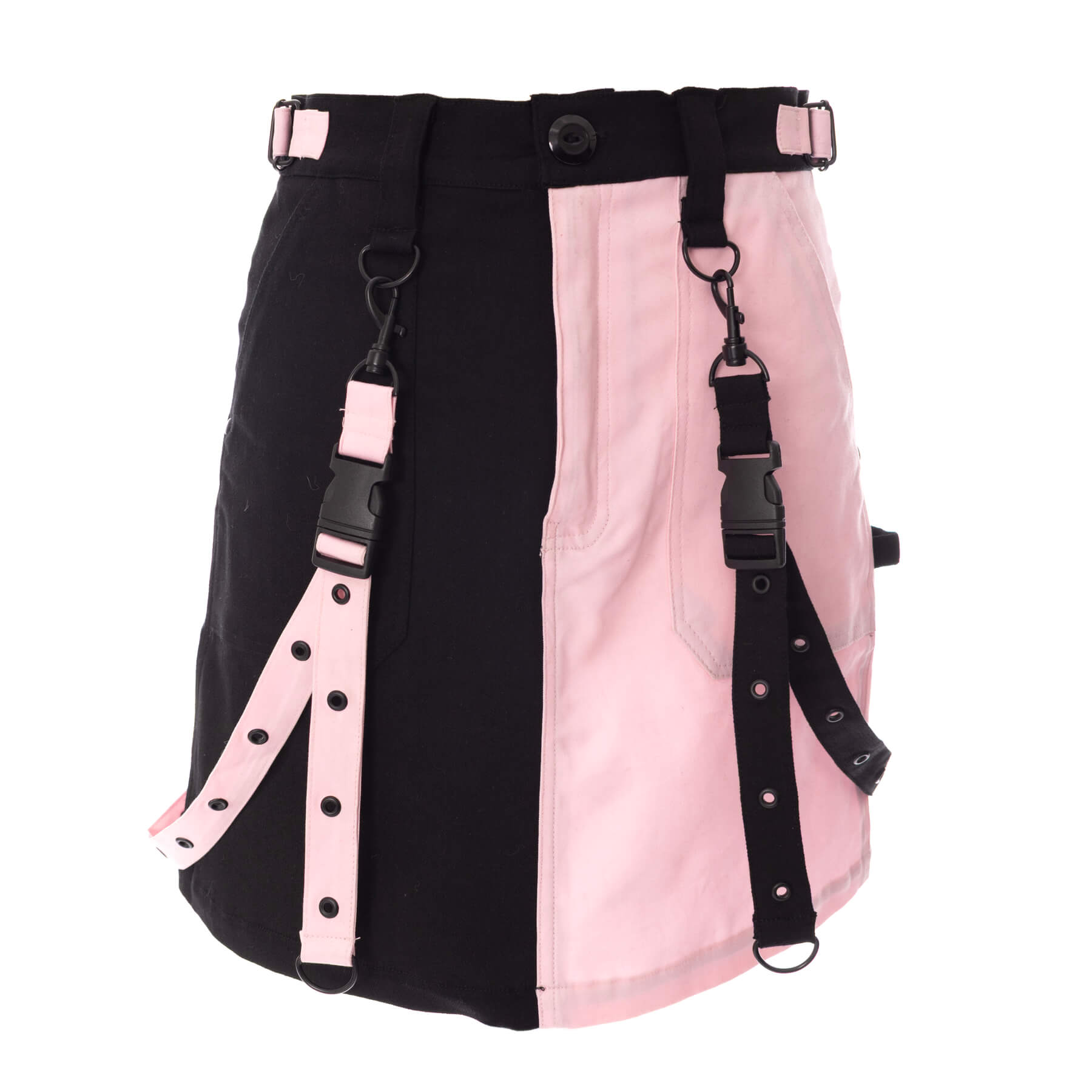 Gothic mini skirt with black and pink color block design and industrial strap details by Chemical Black.