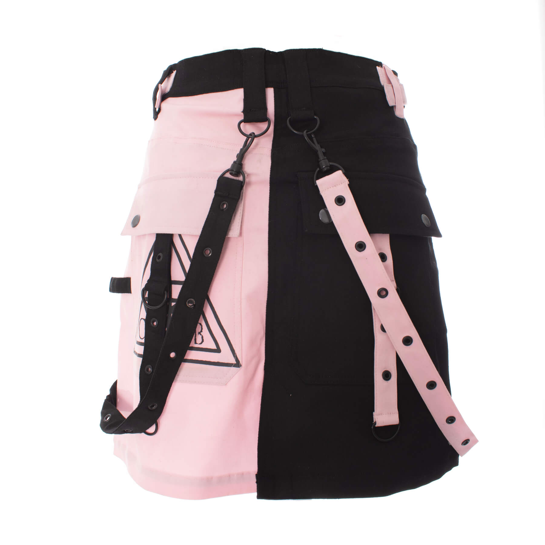 Gothic mini skirt featuring a black and pink two-tone design with strap detail from Chemical Black.