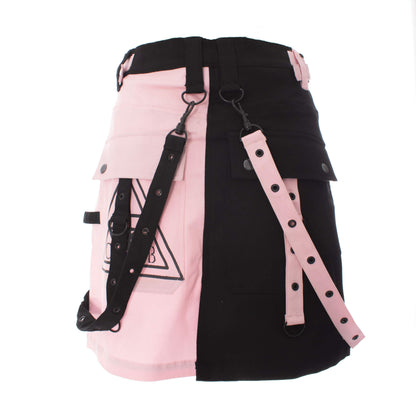 Gothic mini skirt featuring a black and pink two-tone design with strap detail from Chemical Black.