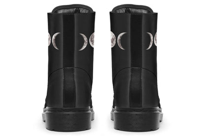Witchy black boots with triple moon goddess design and combat style