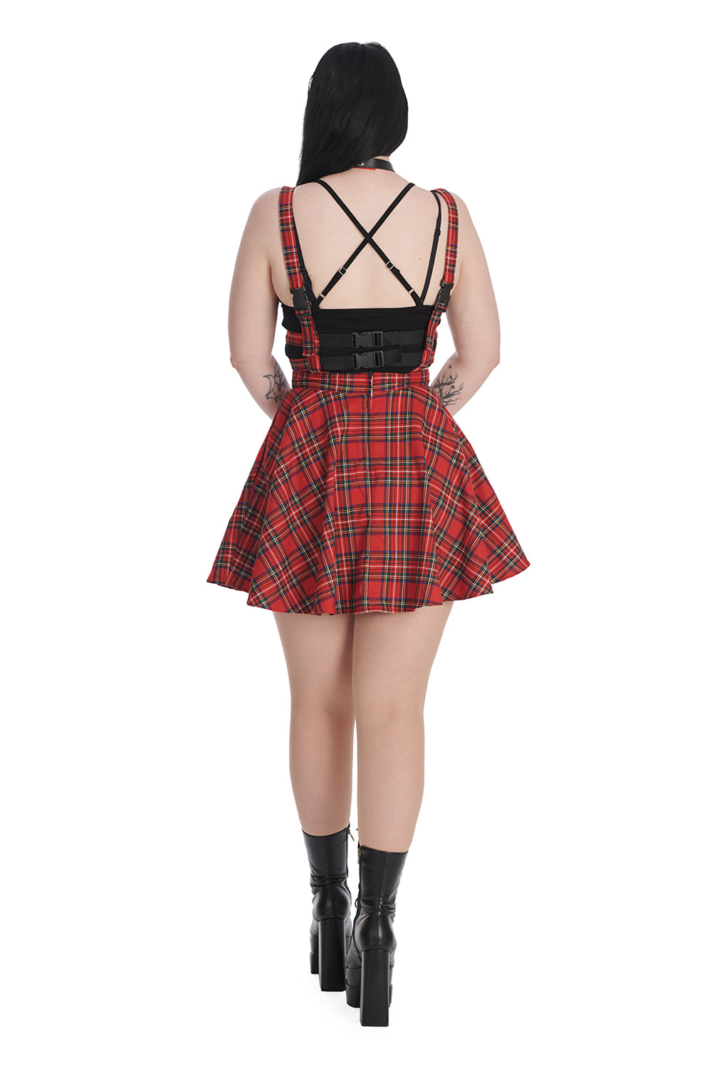Banned Lolita Skater Skirt with Straps and Pockets in Red Tartan - Kate's Clothing
