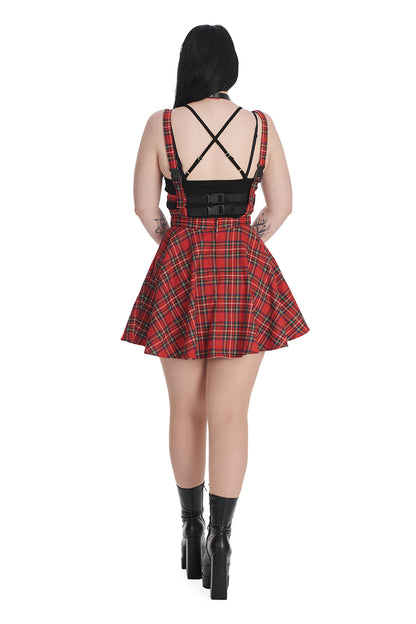 Banned Lolita Skater Skirt with Straps and Pockets in Red Tartan - Kate's Clothing