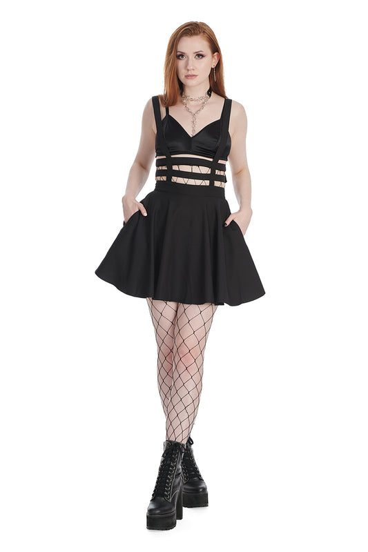 Banned Lolita Skater Skirt with Straps and Pockets in Black - Kate's Clothing