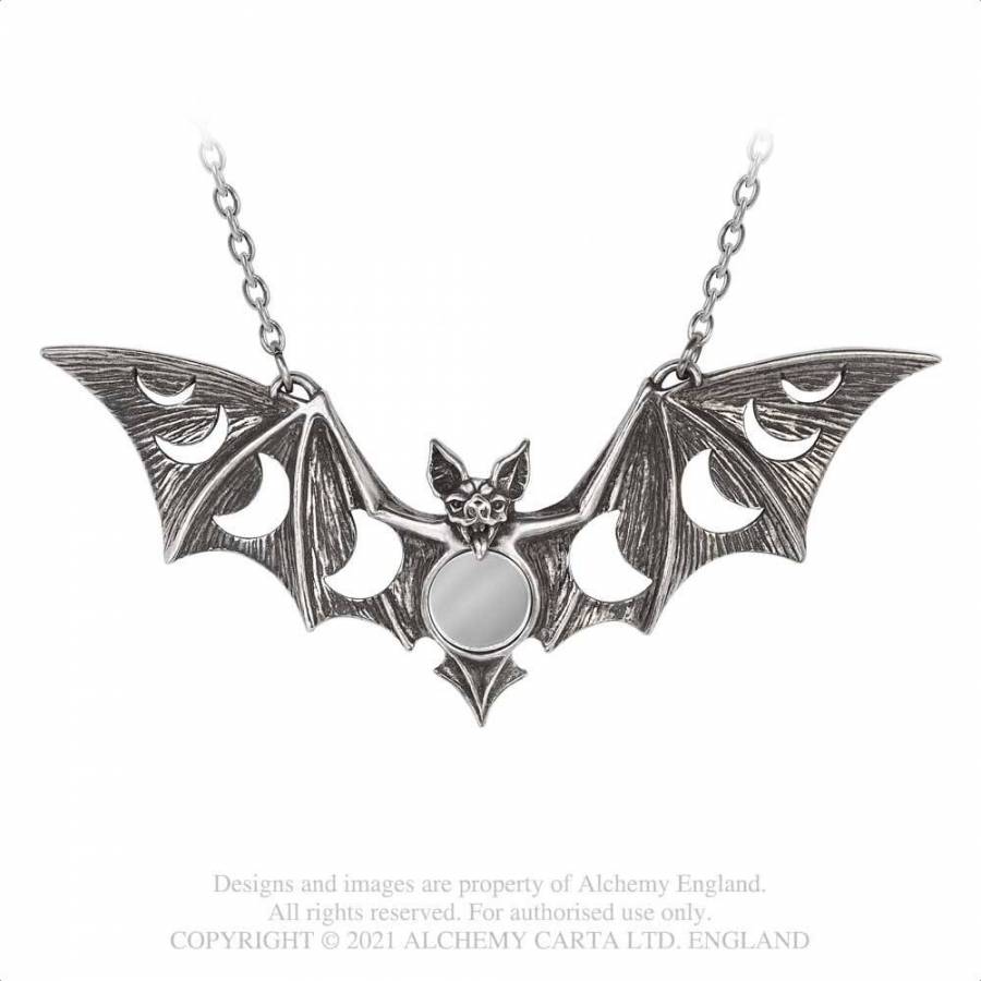 Alchemy Gothic Lunaeca pendant dramatic bat shaped moon phase mirror centre necklace