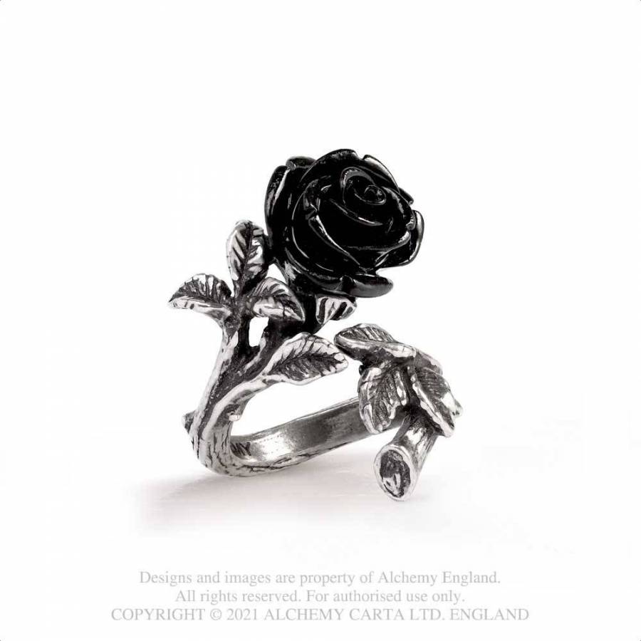 Alchemy Gothic Wild Black Rose ring polished pewter wild roses black acrylic rose