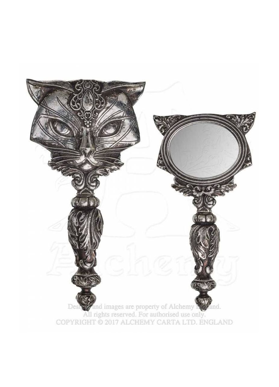 Sacred Cat mirror vine handle detail - silver gothic hand mirror antique style Alchemy Gothic