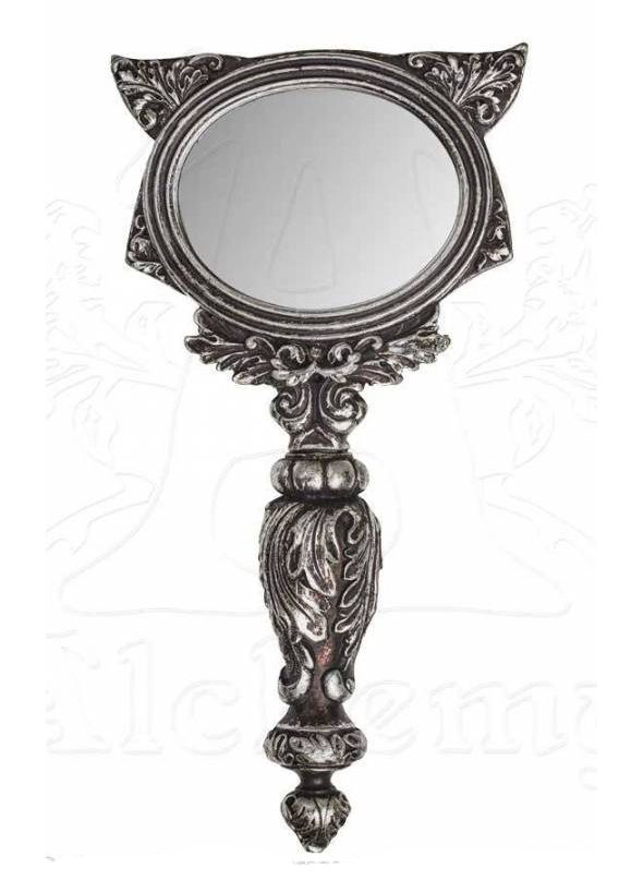 Gothic hand mirror silver - Sacred Cat Bastet Egyptian cat goddess antique style Alchemy Gothic