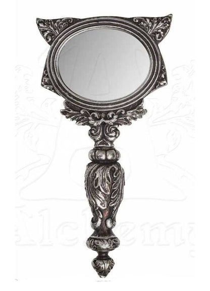Gothic hand mirror silver - Sacred Cat Bastet Egyptian cat goddess antique style Alchemy Gothic