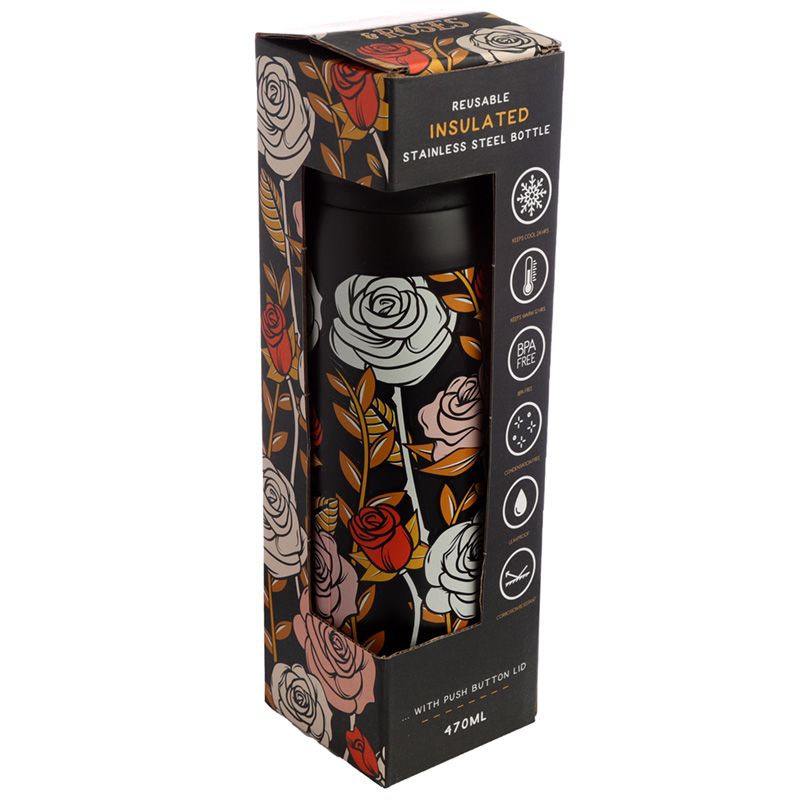 Gothic Gifts Skulls and Roses Reusable Stainless Steel Thermal Insulated Drinks Bottle - Kate's Clothing