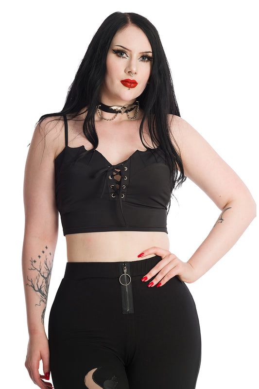 Banned Bernia black crop top bat wing effect lace up adjustable straps