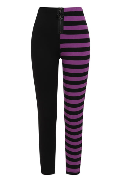 Banned Half Black Half Stripes leggings purple split leg moon phases pentagram zip