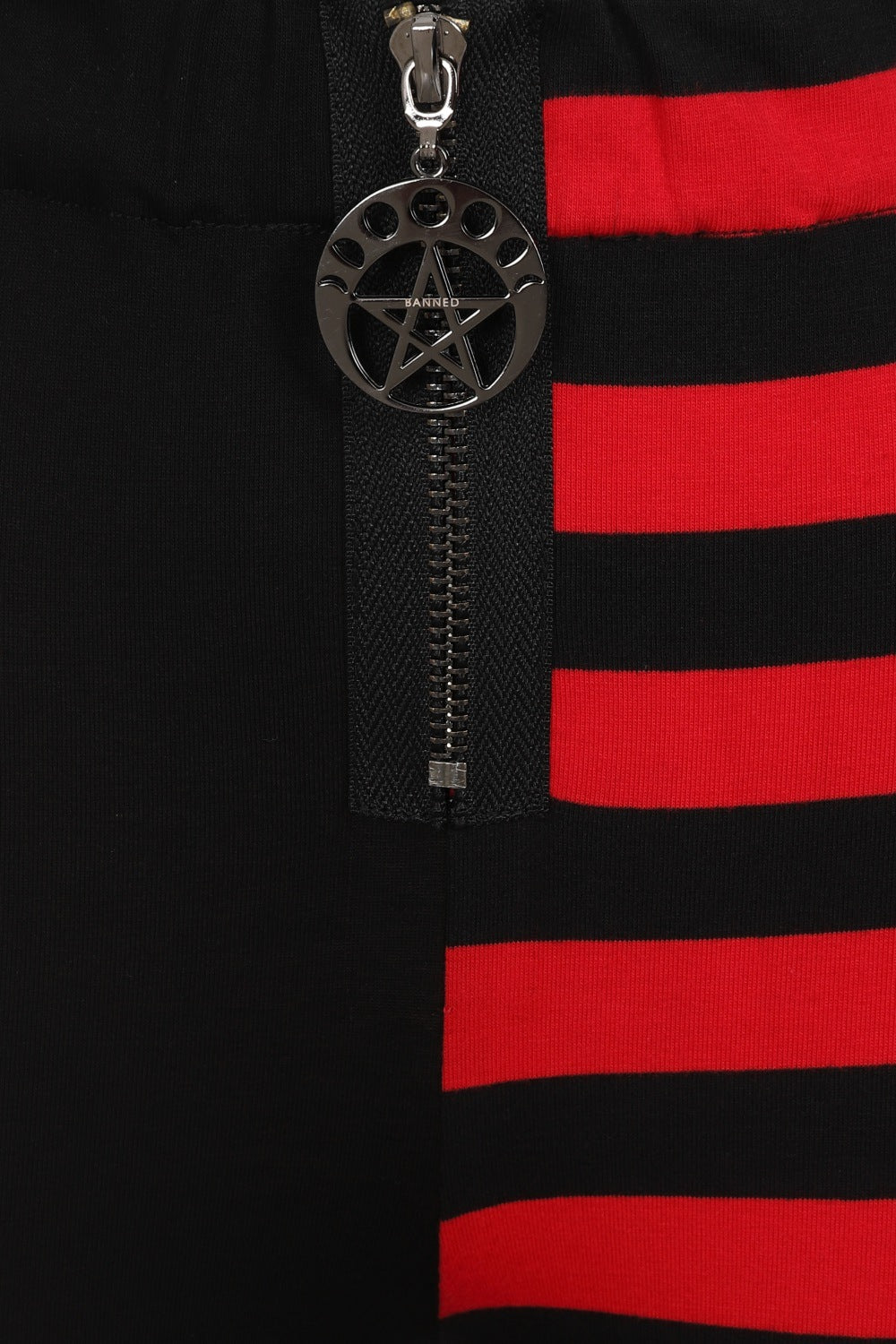 Half Black Half Stripes leggings red front zip detail by Banned