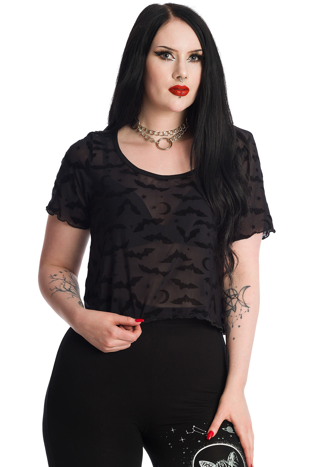 Banned Prayers top black mesh see-through bat pattern short sleeve
