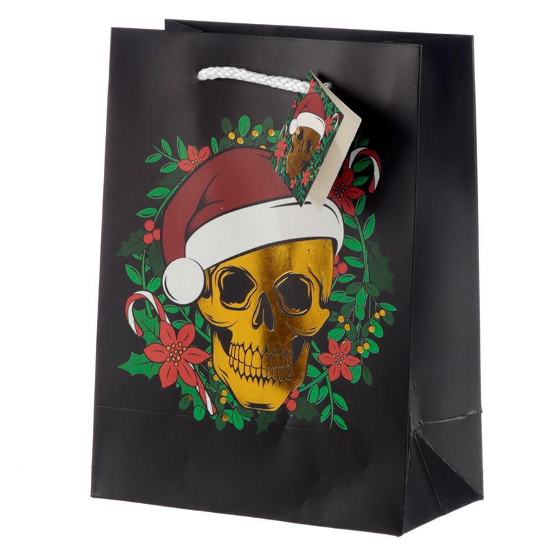 Gothic Gifts Christmas Skull Metallic Gift Bag - Medium - Kate's Clothing