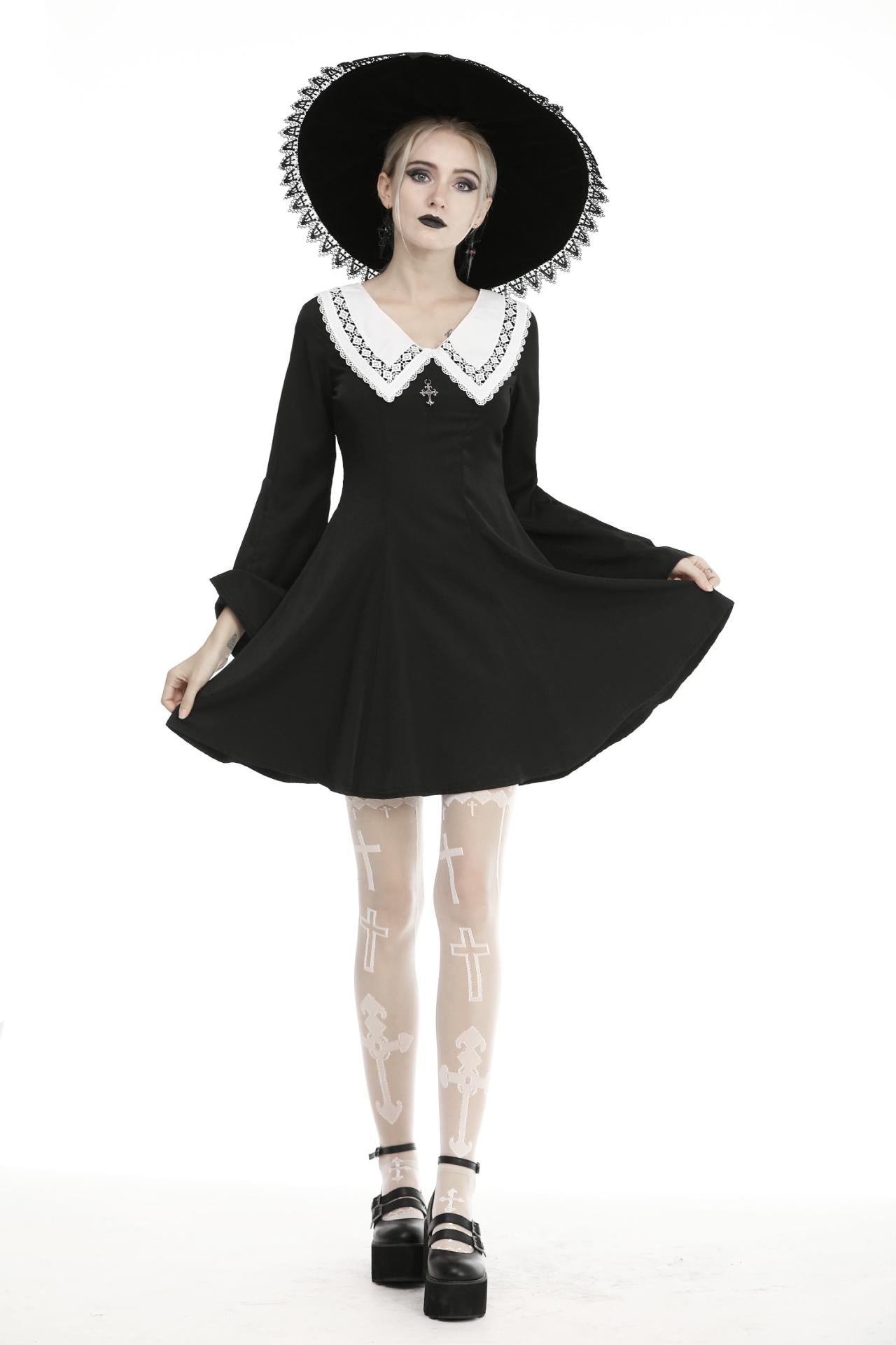 Dark in Love Annabella Dress with Cross and White Collar - Kate's Clothing