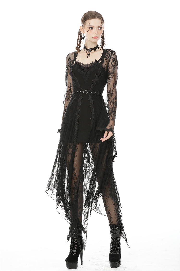 Larissa lace robe full length view irregular hemline by Dark In Love wore by a model.