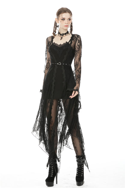 Larissa lace robe full length view irregular hemline by Dark In Love wore by a model.