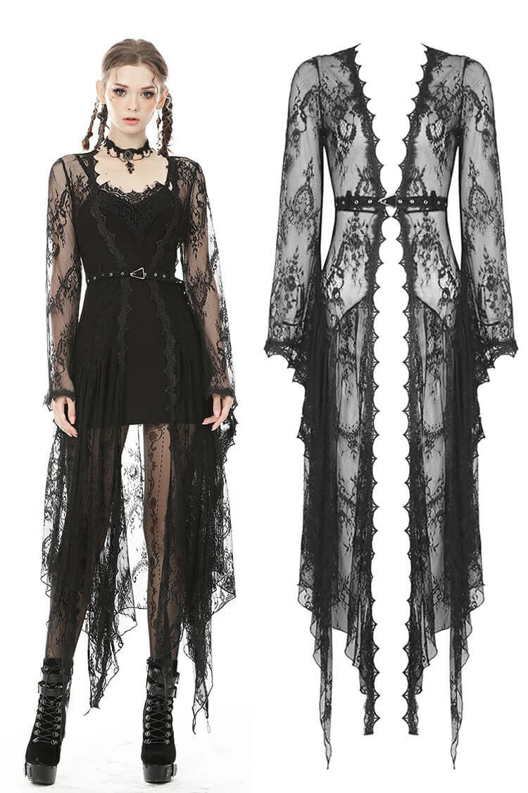 Dark In Love Larissa lace robe irregular hemline long bell sleeves faux suede belt
