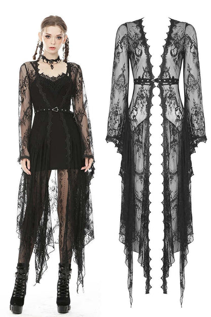 Dark In Love Larissa lace robe irregular hemline long bell sleeves faux suede belt