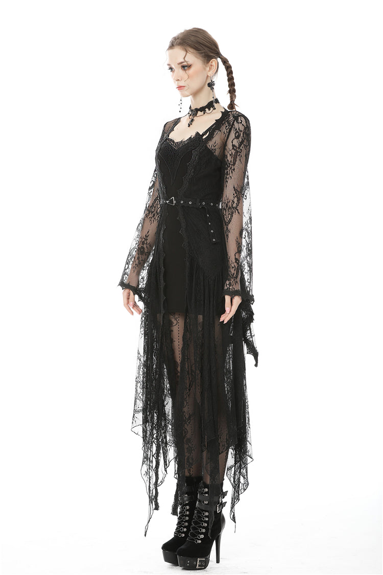 Larissa lace robe full length side view irregular hemline by Dark In Love