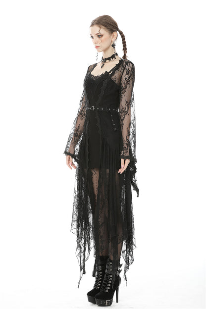 Larissa lace robe full length side view irregular hemline by Dark In Love