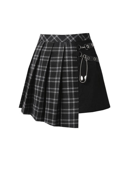 Black and white plaid gothic mini skirt with faux leather straps - Dark In Love Leah