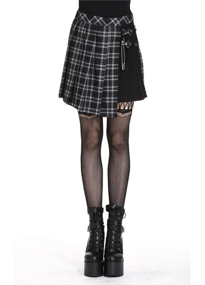 Black white tartan skirt front - Leah gothic mini skirt faux leather straps Dark In Love

